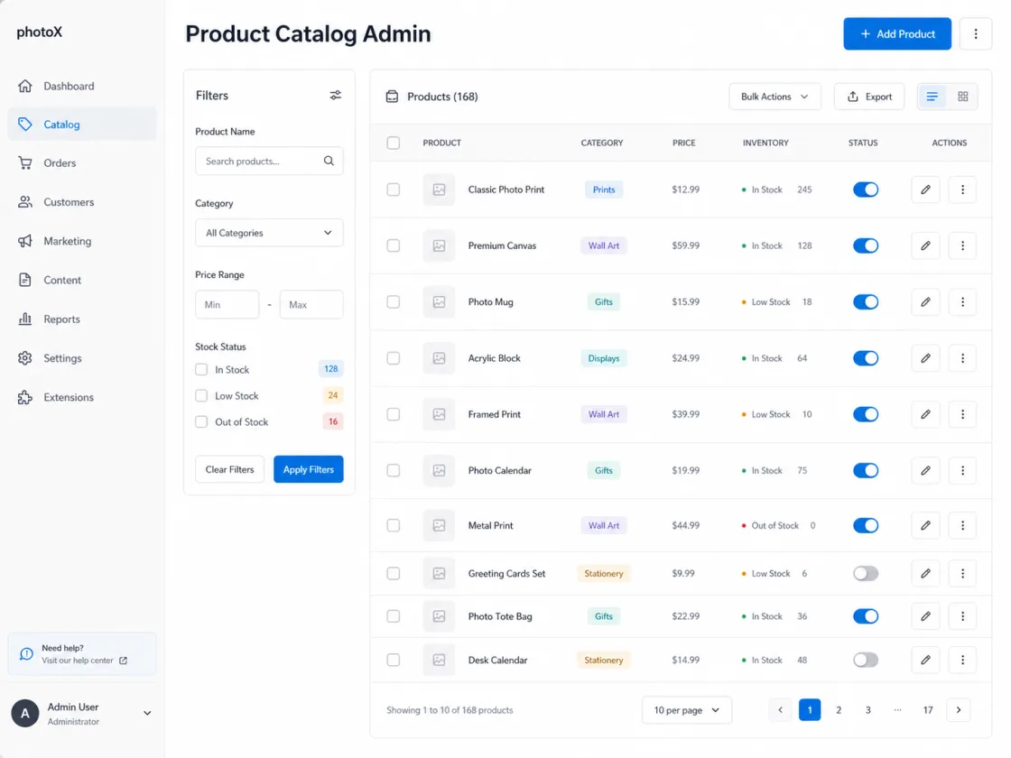 photoX product catalog administration visualization